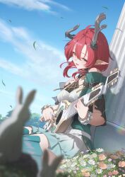 1girl bare_shoulders blue_sky blurry blurry_foreground breasts ciaccona_(wuthering_waves) commentary day dress from_side green_eyes green_jacket green_thighhighs hashtag-only_commentary highres holding holding_instrument instrument jacket meda medium_breasts music open_mouth outdoors playing_instrument pointy_ears red_hair sitting sky smile solo tacet_mark_(wuthering_waves) thighhighs thighs tree_horns white_dress white_wrist_cuffs wrist_cuffs wuthering_waves