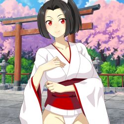 1girl black_hair challengia cloud cloudy_sky collarbone day japanese_clothes kimono looking_at_viewer nchans nchans_style obi official_art orcaleon ponytail red_eyes red_obi sash sky torii urachan white_kimono