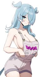 1girl :3 absurdres aqua_eyes blue_hair breasts cleavage commentary cowboy_shot cross-shaped_pupils daydarion dot_nose elira_pendora elira_pendora_(1st_costume) english_commentary hair_over_one_eye head_wings highres large_breasts long_hair looking_at_viewer mole mole_on_armpit naked_overalls nijisanji nijisanji_en overalls sideboob simple_background solo symbol-shaped_pupils virtual_youtuber white_background wings