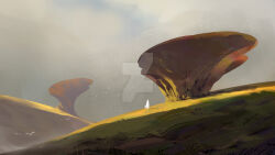 Rule 34 | 1other, cambocreation, cloak, cloud, cloudy sky, flock, fog, giant mushroom, grass, hill, landscape, mushroom, original, painterly, scenery, science fiction, sky, sunlight, watermark, white cloak