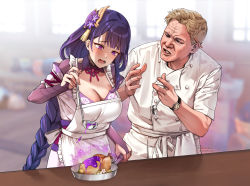 1boy 1girl @_@ apron blonde_hair blunt_bangs blurry blurry_background braid breasts bridal_gauntlets chef commentary crossover electricity english_commentary food foxyreine frilled_apron frills frying_pan genshin_impact gordon_ramsay hair_ornament hand_up hands_up hell&#039;s_kitchen highres holding indoors ladle large_breasts long_hair low-braided_long_hair low-tied_long_hair mole mole_under_eye neck_ribbon obi open_mouth parted_lips purple_eyes purple_hair raiden_shogun raised_eyebrows real_life ribbon sash short_hair spoon tearing_up watch white_apron window wrinkled_skin wristwatch