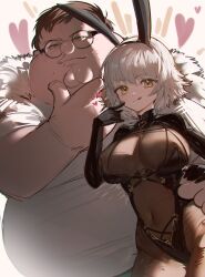 1boy 1girl absurdres animal_ears bodystocking breasts brown_hair cleft_chin closed_mouth commentary covered_navel english_commentary fake_animal_ears family_guy fat fat_man fate/grand_order fate_(series) green_eyes heart highres jeanne_d&#039;arc_alter_(fate) kowai_(iamkowai) large_breasts looking_at_viewer peter_griffin rabbit_ears round_eyewear shirt white_shirt yellow_eyes