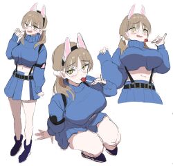 Rule 34 | 1girl, absurdres, animal ear hairband, animal ears, black hairband, blue archive, blue boots, blue skirt, blue sweater, blush, boots, breasts, brown hair, candy, cropped sweater, cropped torso, fake animal ears, food, full body, glasses, hair ornament, hairband, hand up, highres, holding, holding candy, holding food, holding hands, holding lollipop, large breasts, lollipop, long hair, long sleeves, looking at viewer, low twintails, midriff, miniskirt, moe (blue archive), multiple views, navel, open mouth, pleated skirt, rabbit ears, round eyewear, ruinda, sitting, sketch, skirt, sweater, twintails, yellow eyes