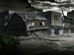 artist_request building cloud cloudy_sky crack day game_cg lamppost magia_record:_mahou_shoujo_madoka_magica_gaiden mahou_shoujo_madoka_magica no_humans official_art outdoors road ruins scenery shop sidewalk sky skyscraper storm street tree