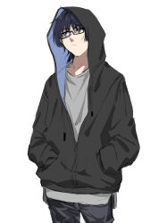 1boy alternate_costume bespectacled black-framed_eyewear black_hair black_hood black_jacket black_pants blunt_ends bright_pupils casual closed_mouth contemporary cowboy_shot dintoge drawstring expressionless full-length_zipper genshin_impact glasses grey_eyes grey_hood grey_jacket hands_in_pockets highres hood hood_up hooded_jacket jacket looking_to_the_side male_focus pants scaramouche_(genshin_impact) semi-rimless_eyewear solo split_mouth two-sided_fabric two-sided_hood two-sided_jacket white_background white_pupils wispy_bangs zipper zipper_pull_tab