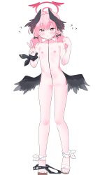 1girl absurdres ahoge angel_wings bird_wings black_wings blue_archive blush commentary_request feathered_wings flat_chest full_body head_wings highres koharu_(blue_archive) looking_at_viewer low_wings male_focus mystia_lorelei navel nude pink_eyes pink_hair pink_wings rusmaamhi solo standing v wings