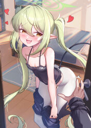 1boy 1girl :d ^^^ bare_arms bare_shoulders bed black_camisole black_shorts blue_archive blush breasts brown_eyes camisole cleavage clothes_pull earrings fang green_hair hair_between_eyes halo heart highres indoors jewelry long_hair long_sleeves nose_blush nozomi_(blue_archive) open_door open_mouth pantyhose pantyhose_under_shorts pillow pointy_ears pulling_own_clothes shorts shorts_pull small_breasts smile solo_focus sweat tail tail_wrap twintails uneg very_long_hair walk-in white_pantyhose wooden_floor