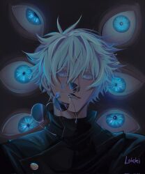 1boy blue_eyes broken_eyewear commentary dark dim_lighting disembodied_eye english_commentary gojou_satoru highres jujutsu_kaisen jujutsu_tech_uniform limited_palette lokk1_png male_focus messy_hair open_mouth short_hair solo sunglasses surprised too_many_eyes white_eyes white_hair wide-eyed