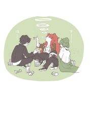 Rule 34 | 1girl, 2boys, beer can, black hair, black jacket, brown jacket, can, coat, collared shirt, drink can, full body, gebura (project moon), green coat, green hair, hair bun, highres, jacket, kojocho05, library of ruina, long hair, long sleeves, looking at another, multiple boys, netzach (project moon), parted bangs, ponytail, project moon, red eyes, red hair, roland (project moon), scar, scar on face, shirt, short hair, simple background, sitting, smoke ring, smoking, white background, white shirt
