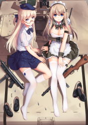 Rule 34 | 2girls, absurdres, allenes, apron, asymmetrical legwear, beret, beretta model 38, beretta model 38 (girls&#039; frontline), black dress, black footwear, black neckwear, blonde hair, blue eyes, blue hat, blue neckwear, blue skirt, bow, bowtie, breasts, browning m2, cleavage, collared shirt, commentary request, day, diagonal stripes, dress, dress shirt, girls&#039; frontline, glasses, gun, hair ornament, hairclip, hat, heavy machine gun, highres, loafers, long hair, looking at viewer, machine gun, maid headdress, mary janes, medium breasts, multiple girls, name connection, no shoes, object namesake, on vehicle, outdoors, pleated dress, pleated skirt, red-framed eyewear, round eyewear, semi-rimless eyewear, shirt, shoes, short sleeves, sideways hat, sitting, skirt, star model z62, striped bow, striped bowtie, striped clothes, striped neckwear, submachine gun, thighhighs, under-rim eyewear, uneven legwear, unworn shoes, vehicle request, very long hair, weapon, weapon request, white apron, white legwear, white shirt, wrist cuffs, z-62 (girls&#039; frontline)