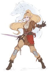 Rule 34 | absurdres, before the dawn (series), black boots, black gloves, blonde hair, boots, brown sash, brown tunic, earrings, fantasy, fighting stance, gloves, hairband, highres, holding, holding sword, holding weapon, jewelry, knee pads, long hair, official art, original, pale skin, pointy ears, purple eyes, red hairband, shirt, sword, theo kris (artist), tunic, warrior, weapon, white background, white shirt, wolf, wolf spirit