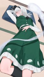 1girl 258n absurdres blush breasts face_in_pillow frills full_body green_skirt green_vest hand_on_own_stomach highres katana konpaku_youmu long_sleeves lying medium_hair on_back pillow shirt skirt sleeping small_breasts solo sword touhou vest weapon white_hair white_shirt wooden_floor