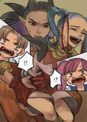 !? 2boys 2girls accidental_touch arm_around_waist blue_hair blunt_bangs bright_pupils brown_eyes brown_hair closed_eyes commentary_request dragon_quest dragon_quest_builders_2 dress earrings female_builder_(dqb2) gloves grabbing_another&#039;s_thighs green_background hair_horns hair_pulled_back hair_ribbon highres hoop_earrings hotaru1012 jewelry laughing looking_down low_ponytail multiple_boys multiple_girls neckerchief necklace open_mouth orange_pants pants perry_(dqb2) pink_hair pointy_ears ponytail red_eyes red_gloves red_ribbon ribbon ruru_(dqb2) side_ponytail sidoh_(dqb2) silver_earrings smile surprised sweatdrop tears tooth_necklace twintails white_pupils wide-eyed yellow_gloves yellow_neckerchief