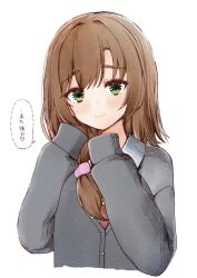 1girl alt_text blush brown_hair cardigan closed_mouth commentary_request green_eyes grey_cardigan hair_intakes hands_up heart highres long_hair looking_at_viewer low_ponytail mikuni_sairi ponytail raised_eyebrows school_uniform simple_background sleeves_past_fingers sleeves_past_wrists smile solo speech_bubble straight_hair tenshi_souzou_re-boot! tft_(tft7822) thick_eyebrows translation_request tsurime upper_body white_background
