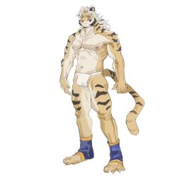 1boy 3pujjvnwf9drpb8 abs animal_ears bara bulge claws closed_mouth fundoshi furry furry_male hashtag-only_commentary highres japanese_clothes looking_at_viewer male_focus male_underwear muscular muscular_male naite_maer_(threefold_recital) navel nipples no_pants pectorals tail threefold_recital tiger_boy tiger_ears tiger_stripes tiger_tail topless_male underwear white_background white_male_underwear