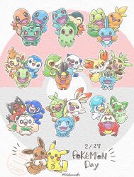 :3 :d absurdres black_eyes blue_eyes bright_pupils bulbasaur charmander chespin chikorita chimchar closed_mouth commentary_request creatures_(company) cyndaquil dated eevee fangs fennekin flame-tipped_tail froakie fuecoco game_freak gen_1_pokemon gen_2_pokemon gen_3_pokemon gen_4_pokemon gen_5_pokemon gen_6_pokemon gen_7_pokemon gen_8_pokemon grookey highres litten looking_at_viewer mudkip nintendo no_humans open_mouth oshawott pikachu piplup poke_ball_symbol pokemon pokemon_(creature) pokemon_day popplio quaxly red_eyes rowlet sasabunecafe scorbunny smile snivy sobble sprigatito squirtle tepig torchic totodile treecko turtwig twitter_username watermark