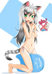 1girl animal_ears barefoot bikini black_hair blush cameltoe cat_ears cat_tail collarbone fang female_focus gradient_hair green_eyes grey_hair hair_ornament hairclip kickboard kneeling multicolored_hair navel no original pnt. punto side-tie_bikini_bottom solo speech_bubble swimsuit tail tears two-tone_hair