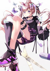1girl absurdres animal_ears black_nails black_ribbon blue_butterfly blush bow bug butterfly closed_mouth commentary_request commission cottage_project facial_hair green_bow hair_bow hair_ribbon haruhina_purple highres hood hoodie insect long_hair long_sleeves looking_at_viewer memori_tsumugi nail_polish pill pink_bow pink_hair plaid_clothes plaid_skirt pleated_skirt purple_bow purple_butterfly purple_eyes purple_footwear purple_hoodie purple_skirt purple_thighhighs ribbon scissors simple_background single_thighhigh skeb_commission skirt solo thigh_strap thighhighs twintails virtual_youtuber