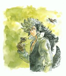 Rule 34 | 1boy, animal ears, beetle, bug, fire emblem, fire emblem fates, gloves, highres, insect, keaton (fire emblem), kirbuart, leather, leather gloves, male focus, mullet, multicolored hair, nintendo, painting (medium), solo, tail, traditional media, two-tone hair, watercolor (medium), werewolf, wolf boy, wolf ears, wolf tail