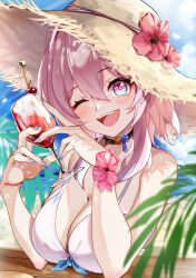 Rule 34 | 1girl, absurdres, bare shoulders, bikini, black choker, blue eyes, blue nails, blue sky, breasts, cherry, choker, cup, cupping glass, day, flower, food, fruit, hat, hat flower, head tilt, highres, holding, holding cup, honkai: star rail, honkai (series), large breasts, march 7th (honkai: star rail), multicolored eyes, nail polish, outdoors, pink flower, pink hair, purple eyes, sky, solo, sun hat, swimsuit, two-tone eyes, upper body, white bikini, zawzawa