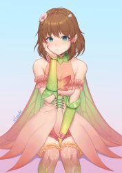 1girl absurdres alternate_costume artist_name bare_shoulders blue_eyes blush bodysuit brown_hair bug butterfly closed_mouth commission dress fairy fairy_wings fire_emblem fire_emblem:_path_of_radiance fire_emblem:_radiant_dawn fire_emblem_heroes flower frills gradient_clothes gradient_dress gradient_legwear hair_flower hair_ornament hair_tubes highres insect lesu looking_at_viewer mist_(fire_emblem) nintendo orange_bodysuit pink_dress sitting solo sweatdrop thighhighs wings zettai_ryouiki