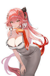 1girl absurdres alternate_costume bare_shoulders bent_over black_bow black_bra blush bow bra bra_peek breasts changli_(wuthering_waves) cleavage closed_mouth collarbone colored_extremities commentary covered_navel cowboy_shot dongtan_dress dress duplicate feather_hair grey_dress hair_between_eyes hair_bow hair_extensions hair_intakes hair_ornament hand_on_own_knee hand_on_own_thigh hand_up highres large_breasts leaning_forward light_smile long_hair looking_at_viewer meme_attire multicolored_hair pink_hair pixel-perfect_duplicate red_hands ring_hair_extensions simple_background sleeveless sleeveless_dress smile solo strap_slip taut_clothes taut_dress two-tone_hair underwear very_long_hair white_background white_hair wuthering_waves yellow_eyes yuridango