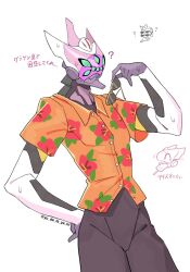 ? azu_(yu_de_ta_ya_tu) black_pants clothed_robot eva_08 evangelion:_3.0_you_can_(not)_redo evangelion_(mecha) unworn_eyewear green_eyes hawaiian_shirt highres holding holding_removed_eyewear looking_down mecha neon_genesis_evangelion no_humans orange_shirt pants print_shirt rebuild_of_evangelion robot science_fiction shirt simple_background solo sunglasses translation_request twitter_username white_background
