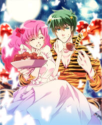 1boy 1girl animal_print apron aqua_eyes bow breasts bug butterfly closed_eyes collarbone commentary_request couple curly_hair dress eating food food_on_face fork full_moon glowing_butterfly green_hair hair_bow hetero holding holding_fork holding_plate horns insect large_breasts long_hair looking_to_the_side moon mushroom night night_sky open_mouth pink_dress pink_hair plate ran_(urusei_yatsura) red_bow rei_(urusei_yatsura) shirt short_hair sky smile tiger_print tzgn urusei_yatsura v-neck white_apron wiping_face yellow_horns yellow_shirt