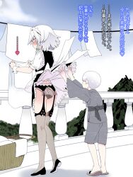 1boy 1girl age_difference blush braid breasts embarrassed garter_straps grey_hair groping izayoi_sakuya japanese_text long_hair looking_back maid maid_headdress open_clothes open_mouth panties pussy short_hair shota size_difference sweat tamuhi touhou twin_braids twintails underwear