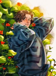 1boy artist_name blue_shirt blush brown_hair commentary english_commentary flower grey_eyes hands_up highres leaf lips long_sleeves looking_at_viewer male_focus marvel marvel_cinematic_universe motteteto puffy_long_sleeves puffy_sleeves red_flower sentry_(marvel) shirt short_hair smile solo standing striped_clothes striped_shirt teeth thunderbolts_(movie) wavy_hair white_background