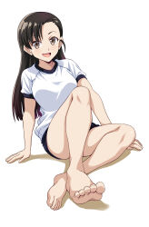1girl :d absurdres asymmetrical_bangs bare_legs barefoot black_hair black_shorts black_trim brown_eyes full_body girls_und_panzer gym_shirt gym_uniform highres long_hair looking_at_viewer nishi_kinuyo open_mouth ponzu_rui shirt short_sleeves shorts simple_background smile solo straight_hair white_background white_shirt