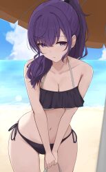 1girl asahina_mafuyu bag bare_arms bare_legs bare_shoulders beach beach_umbrella bikini black_bikini blurry breasts cleavage closed_mouth cloud collarbone commentary cowboy_shot day depth_of_field frilled_bikini frills hair_between_eyes hair_over_shoulder high_ponytail highres holding holding_bag kunizaki large_breasts leaning_forward looking_at_viewer navel ocean outdoors ponytail project_sekai purple_eyes purple_hair side-tie_bikini_bottom sidelocks solo stomach swimsuit thighs umbrella