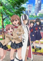 5girls :d black_eyes black_hair black_necktie black_shoes black_skirt black_socks blazer blue_eyes blue_serafuku blue_socks bow bowtie brown_eyes brown_hair closed_mouth collared_shirt colored_skin dark-skinned_female dark_skin day emblem floating_hair flower flower_wreath grin hair_bow hair_flower hair_ornament head_wreath jacket kneehighs kuriba_ryouko lab_coat long_hair long_sleeves looking_at_another looking_at_viewer medium_hair medium_skirt midriff miniskirt misaka_mikoto multicolored_hair multicolored_skin multiple_girls navel neckerchief necktie official_art open_mouth orange_flower orange_socks outdoors plaid_clothes plaid_skirt pleated_skirt purple_sailor_collar purple_shirt purple_skirt red_bow red_bowtie red_neckerchief sailor_collar sailor_shirt sakugawa_school_uniform saten_ruiko school_emblem school_uniform serafuku shirai_kuroko shirt shoes short_hair skirt smile socks stomach straight_hair sunlight tanaka_yuuichi toaru_kagaku_no_railgun toaru_kagaku_no_railgun_t toaru_majutsu_no_index tokiwadai_school_uniform twintails two-tone_hair uiharu_kazari white_bow white_flower white_hair white_socks wind_turbine windmill winter_uniform wreath yellow_eyes