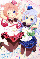 2girls ;d absurdres bass_clef beamed_quavers chestnut_mouth crotchet_rest flat_sign gochuumon_wa_usagi_desu_ka? highres hoto_cocoa kafuu_chino mary_janes multiple_girls musical_note official_art one_eye_closed open_mouth pantyhose plaid_clothes plaid_headwear plaid_skirt quaver quaver_rest rabbit_pose sharp_sign shoes skirt smile sparkle musical_staff treble_clef