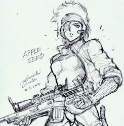 Rule 34 | 1girl, appleseed, breasts, copyright name, dated, deunan knute, eyepatch, gloves, greyscale, gun, holding, holding gun, holding weapon, monochrome, open mouth, short hair, signature, simple background, solo, ueda hiroshi, weapon, white background