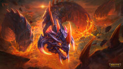 Rule 34 | absurdres, animal, copyright name, giant snake, glowing, glowing eyes, highres, horns, jormungandr (ragnarok) (smite), jormungandr (smite), lava, logo, monster, no humans, official art, open mouth, oversized animal, red eyes, rock, smite, snake