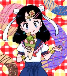 Rule 34 | 1girl, black eyes, black hair, blue skirt, bracelet, cookie, cookie hair ornament, dot nose, donut, earrings, food, food-themed hair ornament, fujishima moyu, gold bracelet, hair ornament, heart, heart-shaped cookie, heart-shaped food, holding, holding food, holding ice cream, ice cream, jewelry, licking lips, long hair, neckerchief, original, plaid background, pocky hair ornament, red neckerchief, school uniform, short sleeves, signature, skirt, solo, tongue, tongue out
