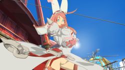 1girl 3d blue_sky clover dress elphelt_valentine female_focus green_eyes guilty_gear guilty_gear_xrd hat highres no_panties outdoors red_hair sky solo wedding_dress xnalara xps
