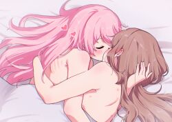 2girls back bang_dream! bang_dream!_it&#039;s_mygo!!!!! bed_sheet blush brown_hair chihaya_anon closed_eyes commentary heart hickey highres kiss long_hair meu203 multiple_girls nagasaki_soyo nude pink_hair scratches under_covers yuri