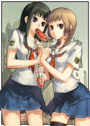 2girls blonde_hair blue_eyes brown_eyes brown_hair food futami_eriko holding_hands kimi_kiss lvans mizusawa_mao mouth_hold multiple_girls school_uniform skirt thighhighs