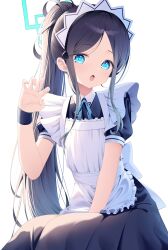 Rule 34 | 1girl, :o, absurdres, apron, aqua eyes, aqua halo, aris (blue archive), aris (maid) (blue archive), back bow, between legs, black dress, black hair, black wrist cuffs, blue archive, blue ribbon, bow, bright pupils, claw pose, collared dress, contrast collar, dress, eyelashes, eyes visible through hair, fang, frilled apron, frills, halo, hand between legs, hand up, high ponytail, highres, long hair, long sidelocks, looking at viewer, maid, maid apron, maid headdress, neck ribbon, official alternate costume, official alternate hairstyle, open mouth, parted bangs, ponytail, puffy short sleeves, puffy sleeves, rectangular halo, ribbon, ringed eyes, shanguangyaoye, short sleeves, sidelocks, simple background, sitting, skin fang, solo, very long hair, white apron, white background, white bow, white headdress, wrist cuffs