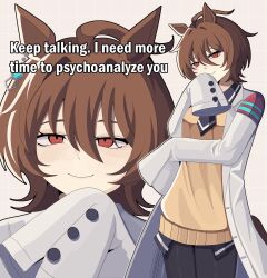 Rule 34 | 1girl, absurdres, agnes tachyon (umamusume), ahoge, animal ears, black necktie, black pantyhose, blush, bobamiruku, brown eyes, brown hair, closed mouth, english text, highres, horse ears, horse girl, horse tail, long sleeves, looking at viewer, necktie, pantyhose, short hair, simple background, sleeves past wrists, smile, smug, solo, tail, umamusume, white background