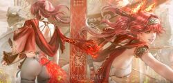 1girl absurdres animal_ears armlet artist_name ass backless_bodysuit bodysuit breasts commentary earrings english_commentary english_text fake_animal_ears fire grin hairband highres jewelry jvn long_hair looking_ahead lupa_(wuthering_waves) medium_breasts metal_hairband multiple_views orange_eyes pink_hair red_sash sash scar smile tail white_bodysuit wolf_tail wuthering_waves