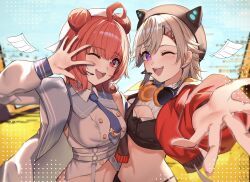 2girls ahoge animal_hat black_hat blonde_hair blue_necktie blush cat_hat cropped_jacket double_bun facial_mark hair_bun hair_ornament hairclip hat headphones headphones_around_neck headset highres jacket komori_met komori_met_(5th_costume) looking_at_viewer multiple_girls necktie one_eye_closed open_clothes open_jacket open_mouth purple_eyes red_eyes red_hair ringozeri shirt teeth upper_teeth_only virtual_youtuber vspo! white_hat white_wings wings yumeno_akari