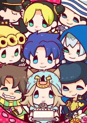 1girl 6+boys battle_tendency beanie birthday_cake black_coat black_hair blonde_hair blue_eyes blue_hair blue_hat blue_hood blue_hoodie booklet brooch cake chibi chibi_only closed_eyes coat commentary diamond_wa_kudakenai drooling english_commentary flower food gakuran giorno_giovanna gloves green_eyes green_gloves green_hair green_scarf green_shirt grey_hair hat heart heart_brooch higashikata_josuke higashikata_josuke_(jojolion) highres hood hood_down hood_up hoodie horseshoe_hat_ornament horseshoe_ornament jewelry jodio_joestar johnny_joestar jojo_no_kimyou_na_bouken jojolion jonathan_joestar joseph_joestar joseph_joestar_(young) kepi kuujou_jolyne kuujou_joutarou long_bangs m_a_a_m_8 male_focus medium_hair military_hat multicolored_hair multiple_boys peace_symbol petals phantom_blood pink_flower pink_rose pompadour rose sailor sailor_collar sailor_hat scarf school_uniform shirt smile star_(symbol) star_print stardust_crusaders steel_ball_run stone_mask_(jojo) stone_ocean striped_clothes striped_scarf the_jojolands two-tone_hair vento_aureo white_flower yellow_scarf zipper zipper_pull_tab
