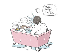 2boys aged_down bathtub brothers brown_hair child claw_foot_bathtub commentary_request english_text full_body in_bathtub luther_von_ivory male_focus multiple_boys nude randal&#039;s_friends randal_ivory rubber_duck same-sex_bathing shared_bathing short_hair siblings simple_background sitting splashing tsukasa_(tsukasa_mimizuku) water wet white_background