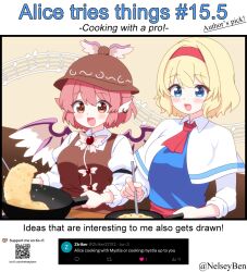 2girls alice_margatroid animal_ear_piercing animal_ears ascot bird_ears bird_wings blonde_hair blue_dress blue_eyes blush bnelsey breasts brown_dress capelet commentary cooking cooking_pot dress earrings english_commentary english_text food hairband hoop_earrings jewelry ko-fi_logo long_sleeves multiple_girls musical_note musical_staff mystia_lorelei open_mouth pink_hair qr_code red_ascot red_hairband request_inset screenshot_inset short_hair single_earring smile touhou twitter_screenshot twitter_username watermark web_address white_capelet winged_hat wings