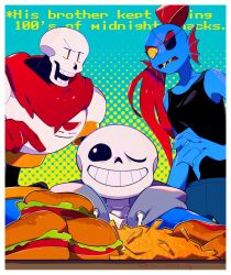 1girl 2boys black_sclera black_tank_top blue_background blue_skin border brothers burger colored_sclera colored_skin english_text eyepatch fins food gloves grin head_fins highres kanianoreki multiple_boys one_eye_closed one_eye_covered open_mouth papyrus_(undertale) pointing red_gloves red_hair sans_(undertale) siblings smile tank_top two-tone_background undertale undyne upper_body webbed_hands white_border yellow_sclera