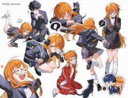 1boy 1girl ? absurdres ahoge amamiya_ren bag bibi_booom black-framed_eyewear black_cat black_eyes black_hair black_jacket black_skirt blunt_bangs blush bow bowtie breasts cat cellphone chibi closed_eyes glasses highres holding holding_phone jacket long_hair loose_socks morgana_(cat)_(persona_5) morgana_(persona_5) multiple_views open_clothes open_jacket open_mouth orange_hair pants persona persona_5 phone pleated_skirt red_jacket red_pants sakura_futaba school_uniform shirt shoulder_bag shuujin_academy_school_uniform simple_background skirt smartphone smile socks teeth upper_teeth_only white_shirt