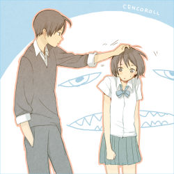 1boy 1girl blush bow bowtie brown_hair cenco cencoroll collared_shirt couple green_eyes grey_skirt headpat hetero long_sleeves looking_down monster pleated_skirt shirt short_hair short_sleeves simple_background skirt standing sweatdrop white_shirt yuki_(cencoroll) yuu_(plasm)